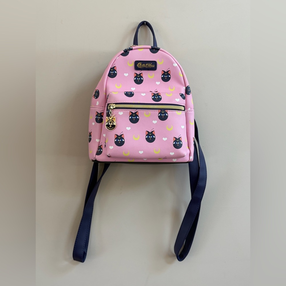 Loungefly Sailor Moon Pink Mini Backpack Luna Cat Charm Faux Leather with Pocket